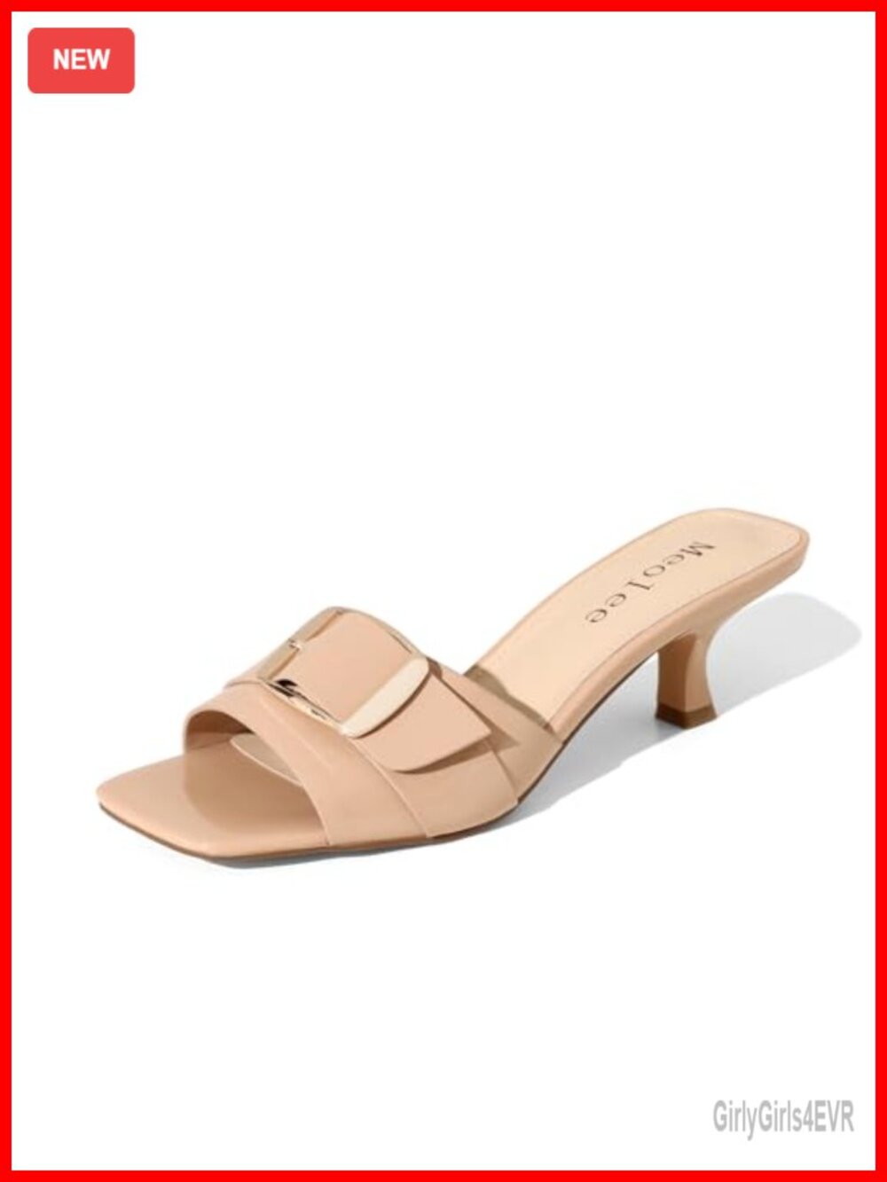 Kitten Heel Sandals Square Open Toe Slip On Faux Leather